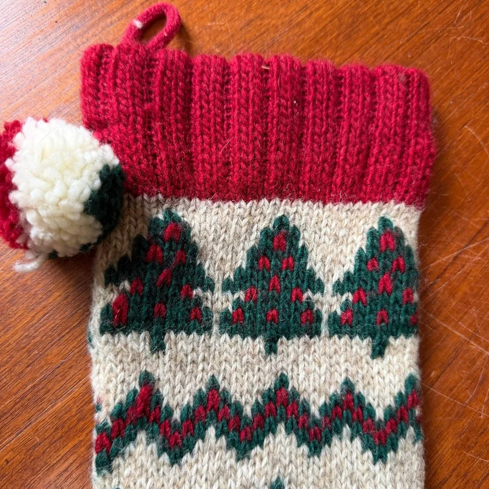 Vintage Knit Christmas Stocking Red Green Wool Blend Fair Isle Pine Tree 23